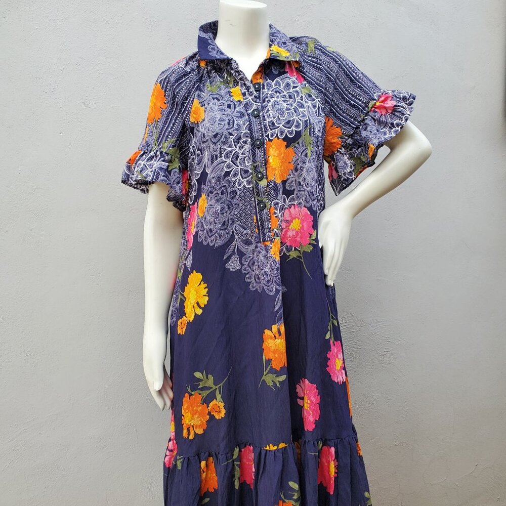 NEW Anthropologie Floral Blue Motif Midi Dress Navy blue floral Oversized Small - Picture 4 of 8